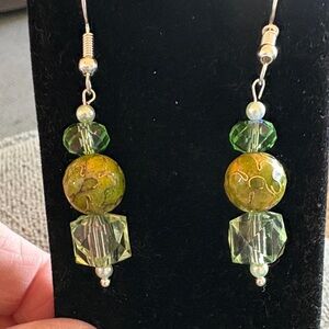 Hand Crafted Olive and AB Crystal Lime Cloisonné Beaded Earrings